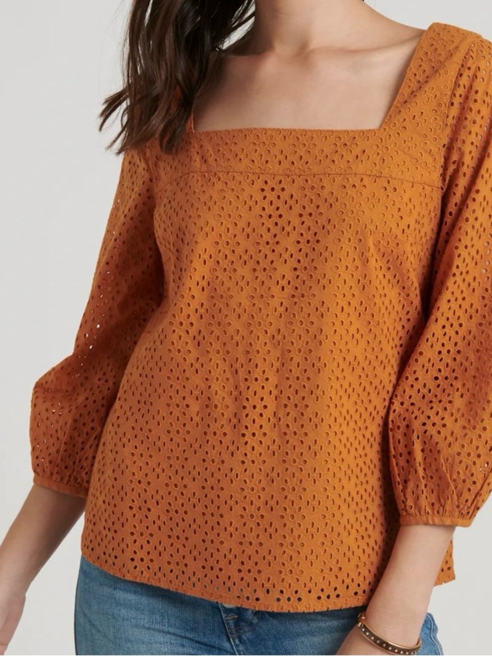 Lucky Brand Burnt Orange Eyelet Square-Neck Blouse.Preowned